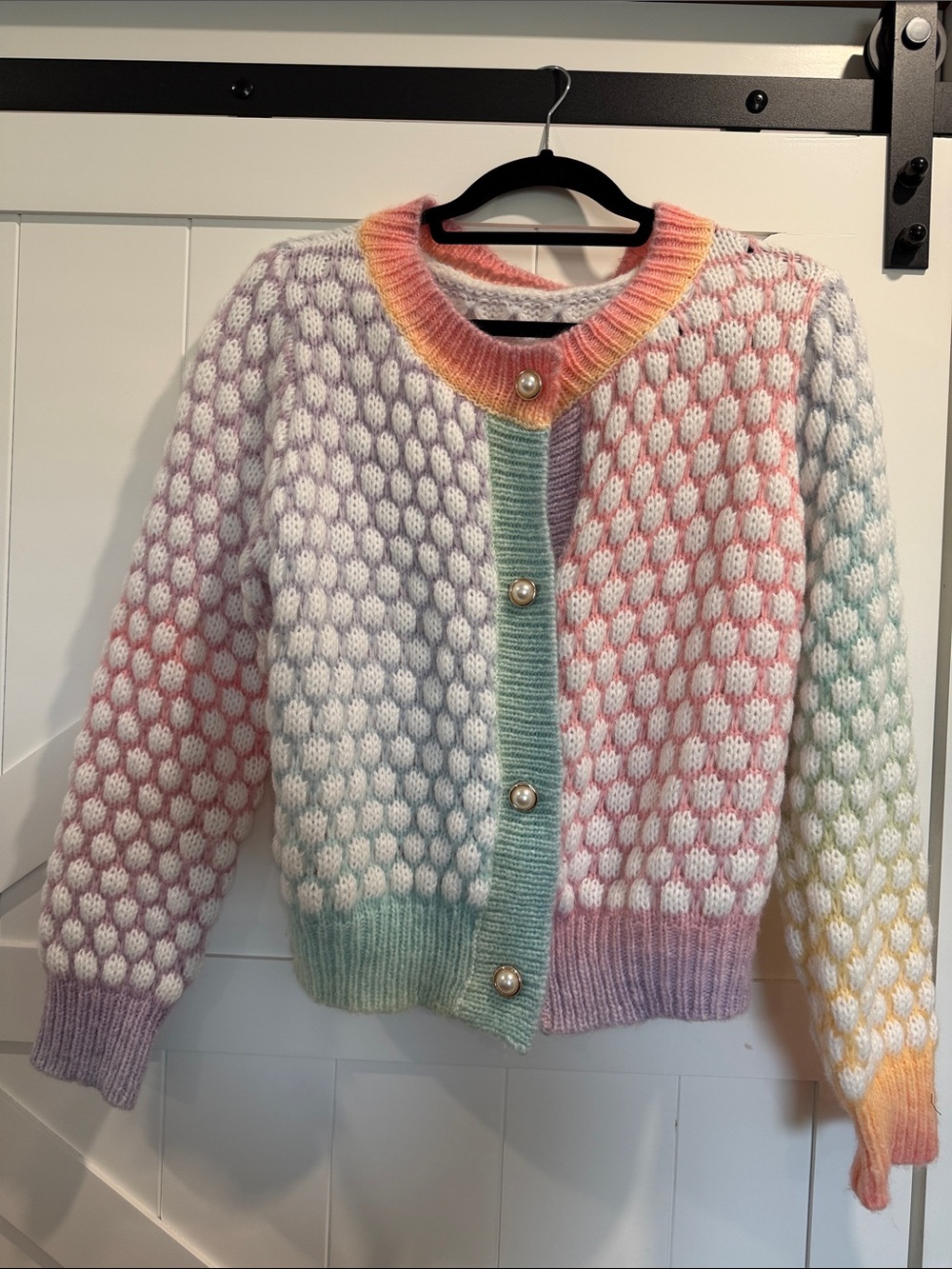 Chunky knit Cardigan in pastel colors w/ white patterns pearl buttons